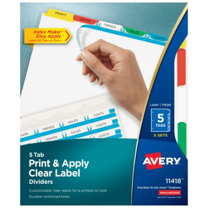 Picture of Avery Customizable Index Maker Dividers For 3 Ring Binder, Easy Print & Apply Clear Label Strip, 5 Tab, Multicolor, Pack Of 5 Sets