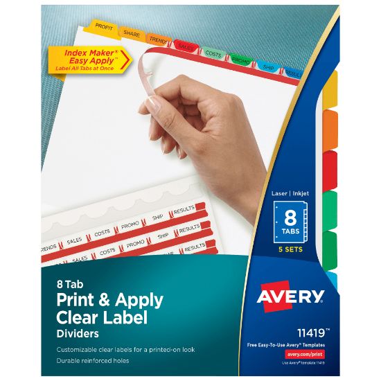 Picture of Avery Customizable Index Maker Dividers For 3 Ring Binder, Easy Print & Apply Clear Label Strip, 8 Tab, Multicolor, Pack Of 5 Sets