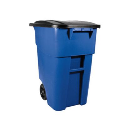 Picture of Rubbermaid Commercial Brute Rollout Container with Lid - Swing Lid - 50 gal Capacity - Mobility, Heavy Duty, Wheels, Lid Locked, Rounded Corner - Blue - 1 Each