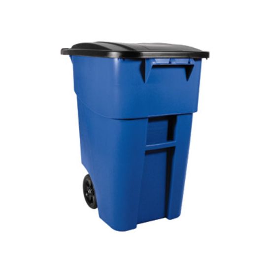 Picture of Rubbermaid Commercial Brute Rollout Container with Lid - Swing Lid - 50 gal Capacity - Mobility, Heavy Duty, Wheels, Lid Locked, Rounded Corner - Blue - 1 Each