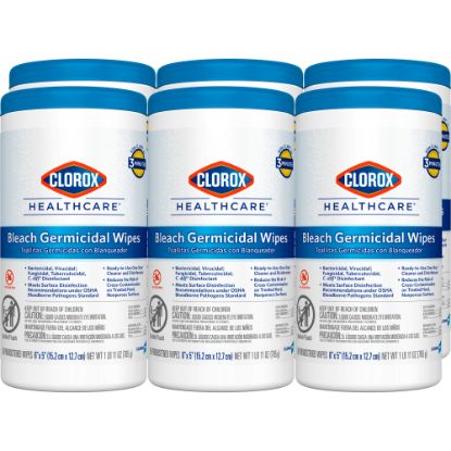 Picture of Clorox Healthcare Bleach Germicidal Wipes, 6in x 5in, 150 Wipes Per Canister, Case Of 6 Canisters