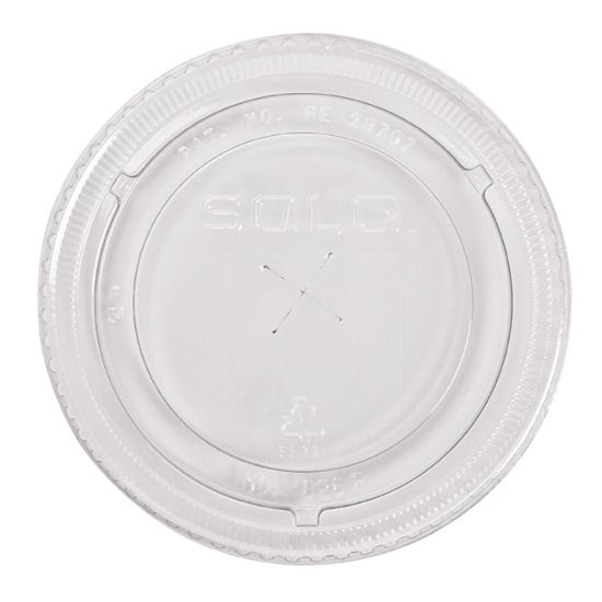 Picture of Solo Cup Straw-Slot Cold Cup Lids, Fits 9, 12 - 14 oz Cups, Clear, 10 sleeves of 100 lids each per Case, Sold by the Case