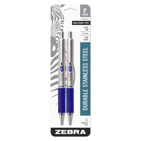 Picture of Zebra Pen F-402 Stainless Steel Retractable Ballpoint Pens, Pack Of 2, Fine Point, 0.7 mm, Assorted Barrel, Blue Ink