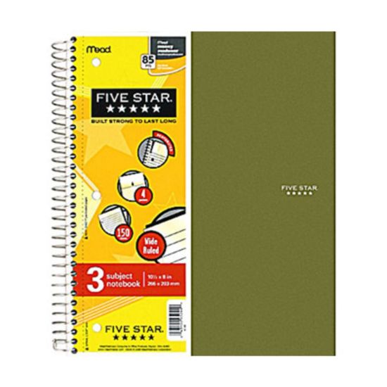 Picture of Five Star Notebook, 8in x 10 1/2in, 3 Subjects, Wide Ruled, 75 Sheets, Assorted Colors (No Color Choice)