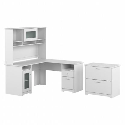 Picture of Bush Furniture Cabot 60inW L-Shaped Corner Desk With Hutch And Lateral File Cabinet, White, Standard Delivery