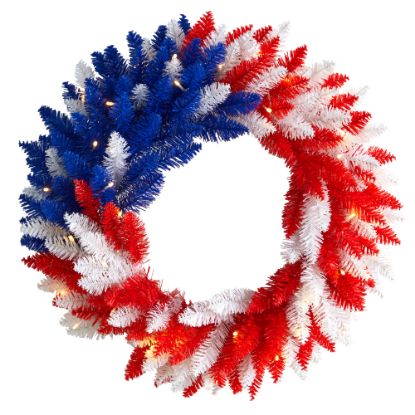 Picture of Nearly Natural Patriotic Americana 18inH Artificial Wreath With 20 LED Lights, 18inH x 18inW x 3inD, Red/White/Blue