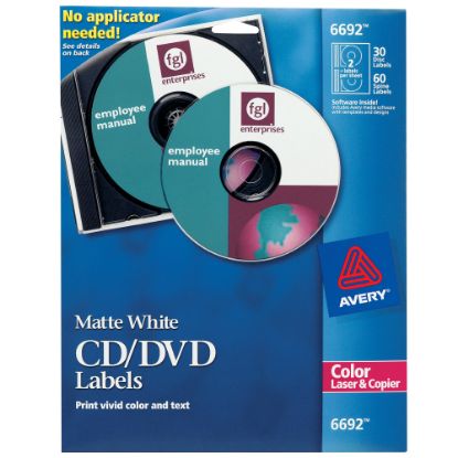 Picture of Avery CD/DVD Print-to-the-Edge Labels, 6692, Round, 4.65in Diameter, White, 30 Disc Labels And 60 Spine Labels