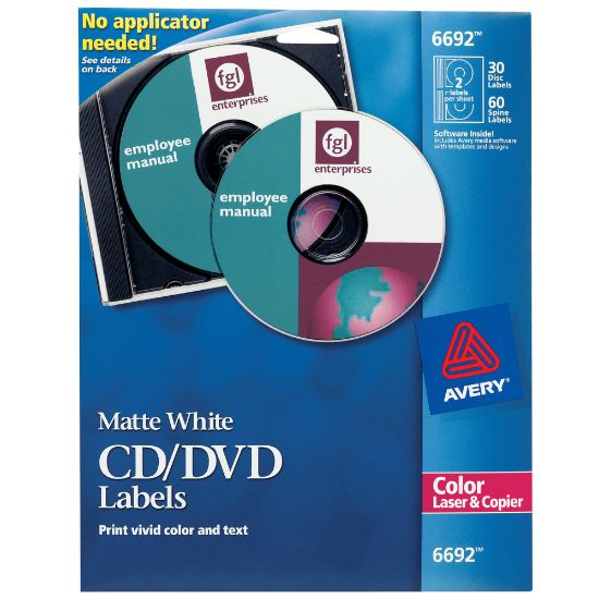 Picture of Avery CD/DVD Print-to-the-Edge Labels, 6692, Round, 4.65in Diameter, White, 30 Disc Labels And 60 Spine Labels