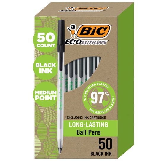 Picture of BIC Ecolutions Round Stic Ball Pens, Medium Point, 1.0 mm, 74% Recycled, Translucent Barrel, Black Ink, Pack Of 50 Pens