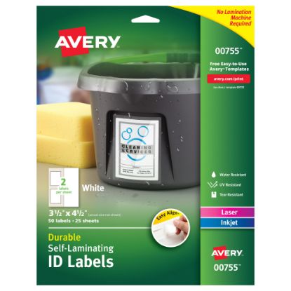 Picture of Avery Easy Align Self-Laminating ID Labels, 00755, Rectangle, 3-1/2in x 4-1/2in, White, Pack of 50