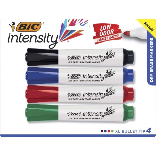 Picture of BIC Intensity Low-Odor Dry-Erase Markers, Chisel Tip, Assorted Colors, Pack Of 4 Markers