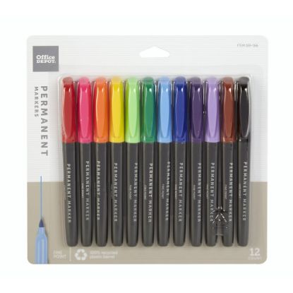 Picture of Office Depot Brand Permanent Markers, Fine Point, 100% Recycled Plastic Barrel, Assorted Colors, Pack Of 12