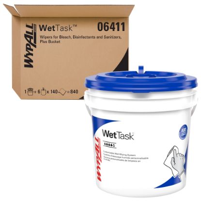 Picture of WypAll Critical Clean Wipers for Bleach, Disinfectants, and Sanitizers, WetTask Customizable Wet Wiping System, 12in x 6in, 140 Sheets Per Roll, Case Of 6 Rolls, 1 Bucket Included