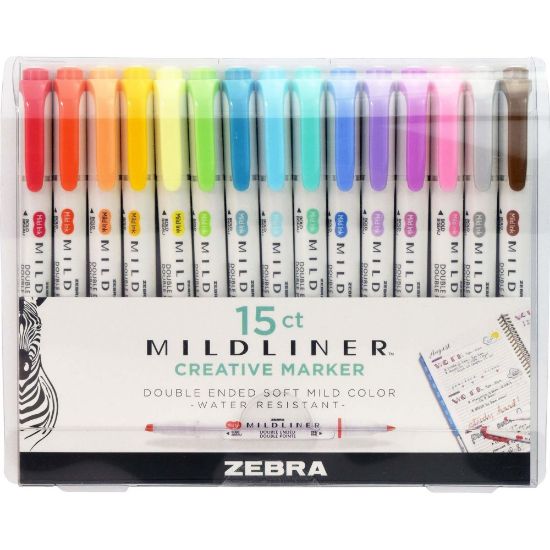 Picture of Zebra Pen MILDLINER Double-Ended Creative Markers, Pack Of 15, Chisel/Fine Point, Assorted Ink Colors