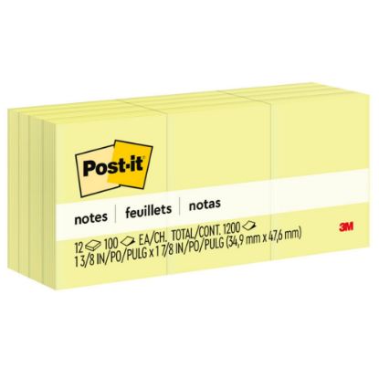 Picture of Post-it Notes, 1 3/8 in x 1 7/8 in, 12 Pads, 100 Sheets/Pad, Clean Removal, Canary Yellow