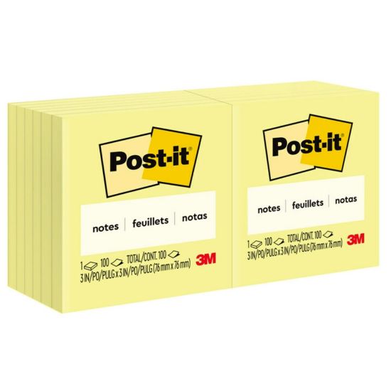 Picture of Post-it Notes, 3 in x 3 in, 12 Pads, 100 Sheets/Pad, Clean Removal, Back to School Supplies for Students, Sticky Notes for Textbooks and Notebooks, Canary Yellow