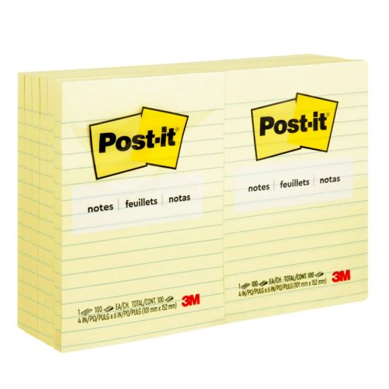 Picture of Post-it Notes, 4 in x 6 in, 12 Pads, 100 Sheets/Pad, Clean Removal, Canary Yellow, Lined