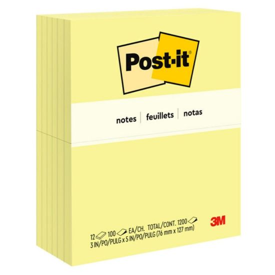 Picture of Post-it Notes, 3 in x 5 in, 12 Pads, 100 Sheets/Pad, Clean Removal, Back to School Supplies for Students, Sticky Notes for Textbooks and Notebooks, Canary Yellow