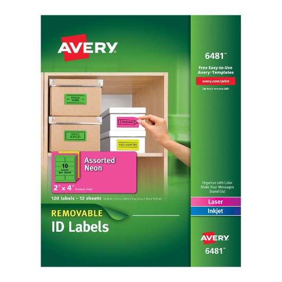 Picture of Avery Removable Laser/Inkjet Organization Labels, 6481, 2in x 4in, Assorted Colors, Pack Of 120