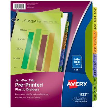 Picture of Avery Preprinted Tab Plastic Dividers, 8 1/2in x 11in, Jan-Dec Tabs, Multicolor, Set Of 12