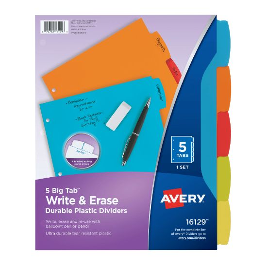 Picture of Avery Big Tab Write & Erase Durable Plastic Dividers, 8 1/2in x 11in, Multicolor Brights, 5-Tab