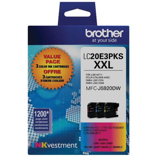 Picture of Brother LC20E Cyan; Magenta; Yellow Super-High-Yield Ink Cartridges, Pack Of 3, LC20E3PKS