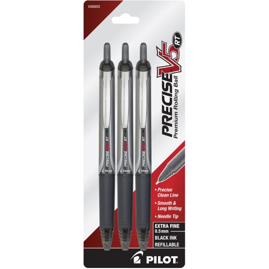 Picture of Pilot Precise V5 Liquid Ink Retractable Rollerball Pens, Extra-Fine Point, 0.5mm, Black Barrel, Black Ink, Pack Of 3