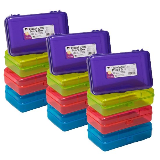 Picture of Charles Leonard Translucent Pencil Boxes, 5-1/4in x 2-1/2in x 8-1/4in, Assorted Colors, Pack Of 12 Boxes