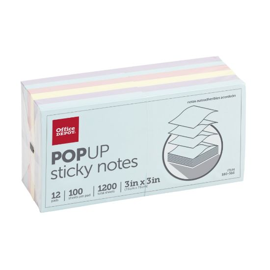 Picture of Office Depot Brand Pop Up Sticky Notes, 3in x 3in, Assorted Pastel Colors, 100 Sheets Per Pad, Pack Of 12 Pads