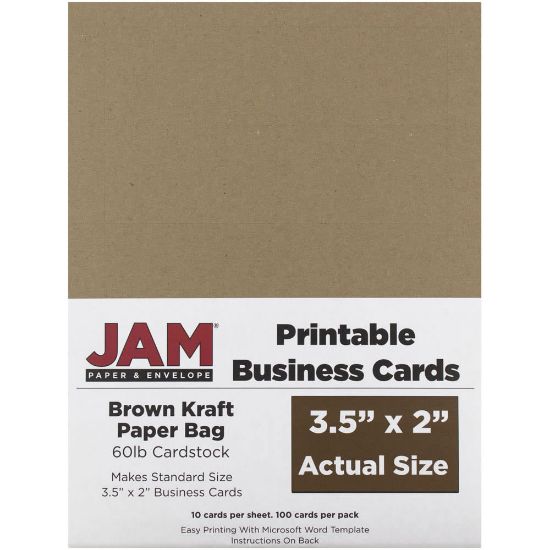 Picture of JAM Paper Printable Business Cards, 3 1/2in x 2in, Brown Kraft, 10 Cards Per Sheet, Pack Of 10 Sheets