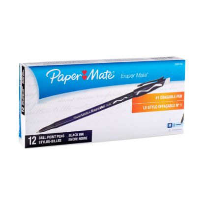 Picture of Paper Mate EraserMate Ballpoint Pens, Pack of 12, Medium Point, 1.0 mm, Black Barrel, Black Ink