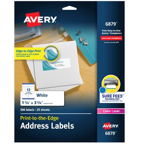 Picture of Avery Print-To-The-Edge Permanent Laser Shipping Labels, 6879, 1 1/4in x 3 3/4in, White, Pack Of 300