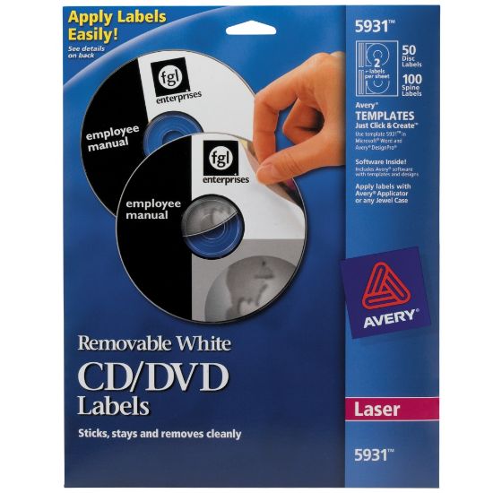 Picture of Avery Removable Print-to-the-Edge CD/DVD Labels, 5931, Round, 4.65in Diameter, White, 50 Disc Labels And 100 Spine Labels