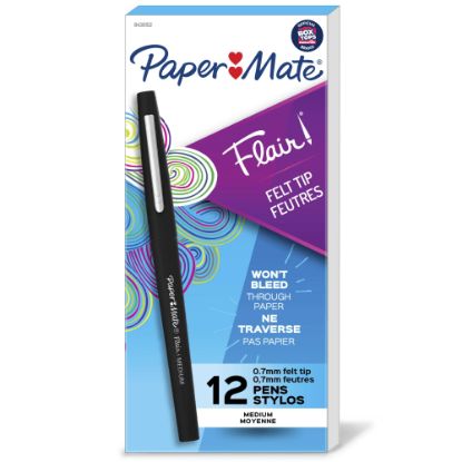 Picture of Paper Mate Flair Porous-Point Pens, Medium Point, 0.7 mm, Black Barrel, Black Ink, Pack Of 12 Pens