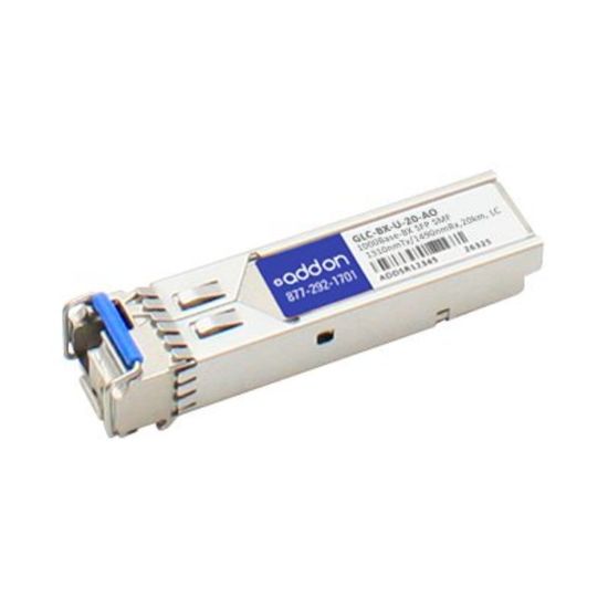 Picture of AddOn - SFP (mini-GBIC) transceiver module (equivalent to: Cisco GLC-BX-U-20) - GigE - 1000Base-BX-U - LC single-mode - up to 12.4 miles - 1310 (TX) / 1490 (RX) nm - TAA Compliant