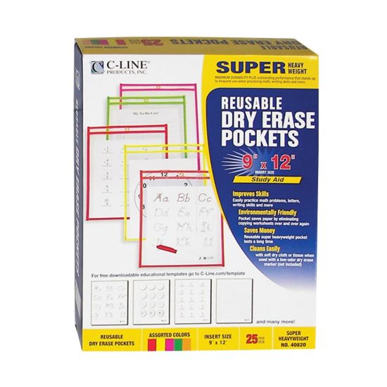 Picture of C Line Reusable Dry-Erase Pockets, 9in x 12in, Assorted Neon Colors, Pack Of 25