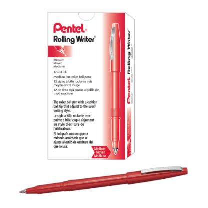 Picture of Pentel Rolling Writer Pens, Medium Point, 0.8 mm, Red Barrel, Red Ink, Pack Of 12 Pens