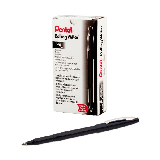 Picture of Pentel Rolling Writer Pens, Medium Point, 0.8 mm, Black Barrel, Black Ink, Pack Of 12 Pens