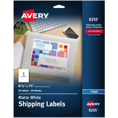 Picture of Avery Shipping Labels, 8255, Rectangle, 8-1/2in x 11in, White, Pack Of 20 Labels