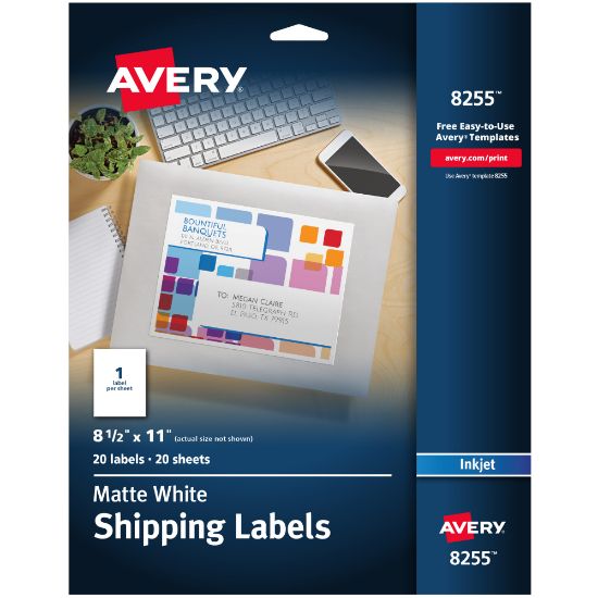 Picture of Avery Shipping Labels, 8255, Rectangle, 8-1/2in x 11in, White, Pack Of 20 Labels