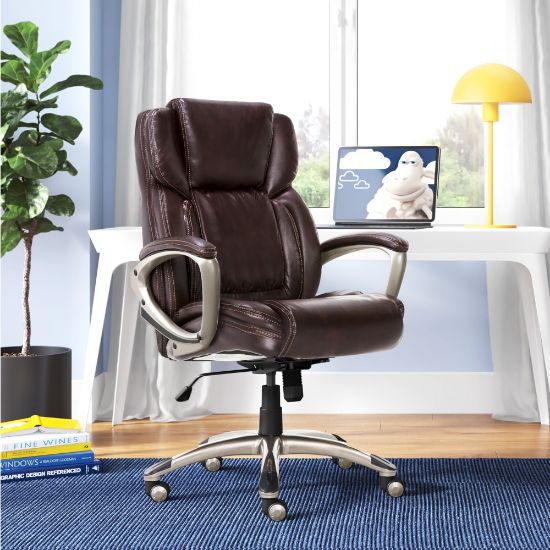 Picture of Serta Executive Office Ergonomic Bonded Leather High-Back Chair, Biscuit Brown/Silver