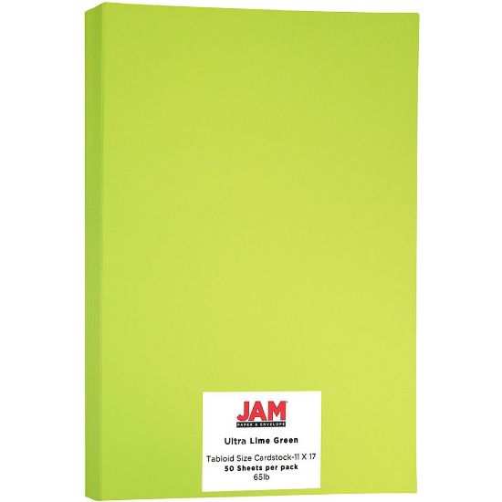 Picture of JAM Paper Card Stock, Lime Green, Ledger (11in x 17in), 65 Lb, 30% Recycled, Pack Of 50