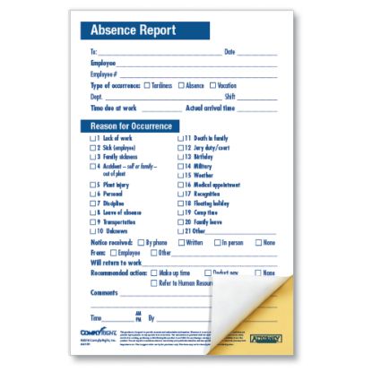 Picture of ComplyRight Absence Reports, Compact 2-Part, 5 1/2in x 8 1/2in, Pack Of 50