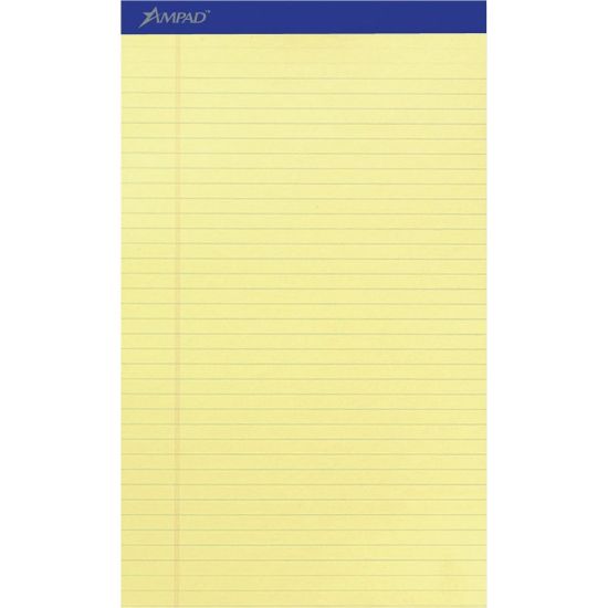 Picture of Ampad Writing Pad - 50 Sheets - Stapled - 0.34in Ruled - 15 lb Basis Weight - Legal - 8 1/2in x 14in - Canary Yellow Paper - Dark Blue Binding - Perforated, Sturdy Back, Chipboard Backing, Tear Resistant - 1 Dozen