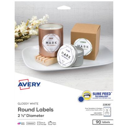 Picture of Avery Easy Peel TrueBlock Print-To-The-Edge Inkjet/Laser Labels, Round, 22830, 2 1/2in Diameter, Glossy White, Pack Of 90