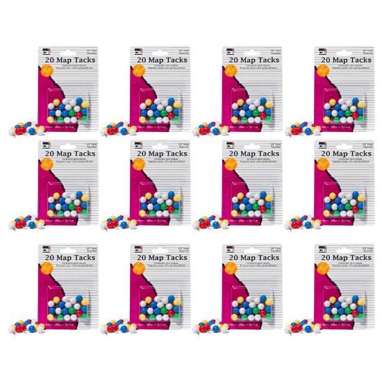 Picture of Charles Leonard Map Tacks, 1/4in x 3/8in, Assorted Colors, 20 Tacks Per Box, Pack of 12 Boxes