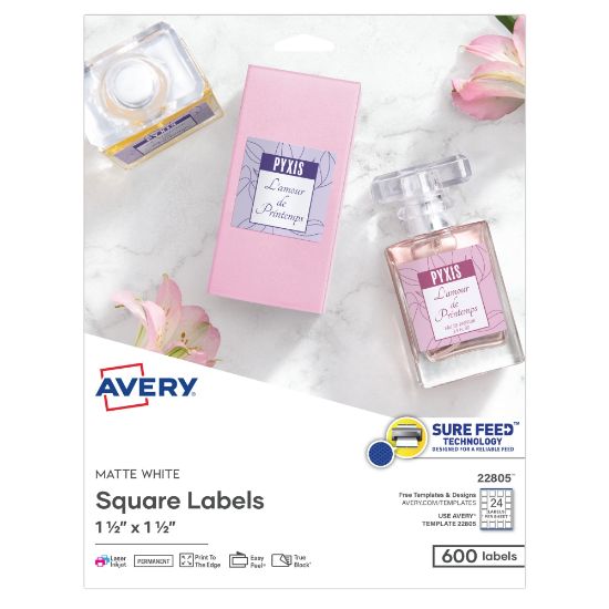 Picture of Avery Printable Blank Labels, 22805, Square, 1.5in x 1.5in, White, Pack Of 600