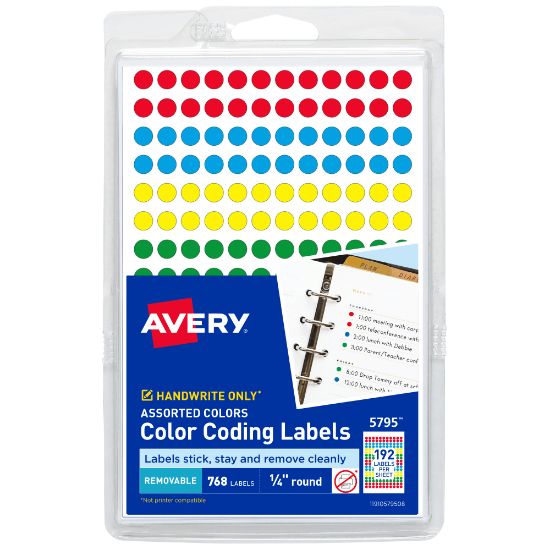 Picture of Avery Color-Coding Removable Labels, 5795, Round, 1/4 Inch Diameter, Assorted Colors, Pack Of 768 Non-Printable Dot Stickers