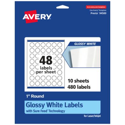 Picture of Avery Glossy Permanent Labels With Sure Feed, 94500-WGP10, Round, 1in Diameter, White, Pack Of 480