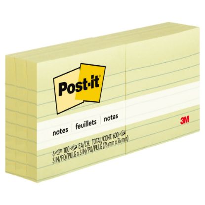 Picture of Post-it Notes, 3 in x 3 in, 6 Pads, 100 Sheets/Pad, Clean Removal, Canary Yellow, Lined